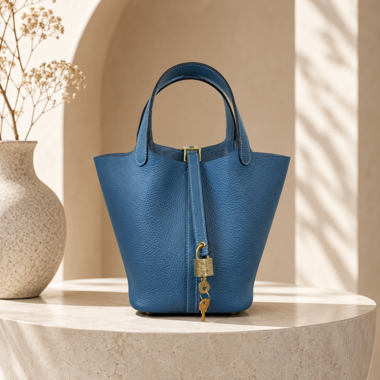 Premium Togo Leather Bucket Tote