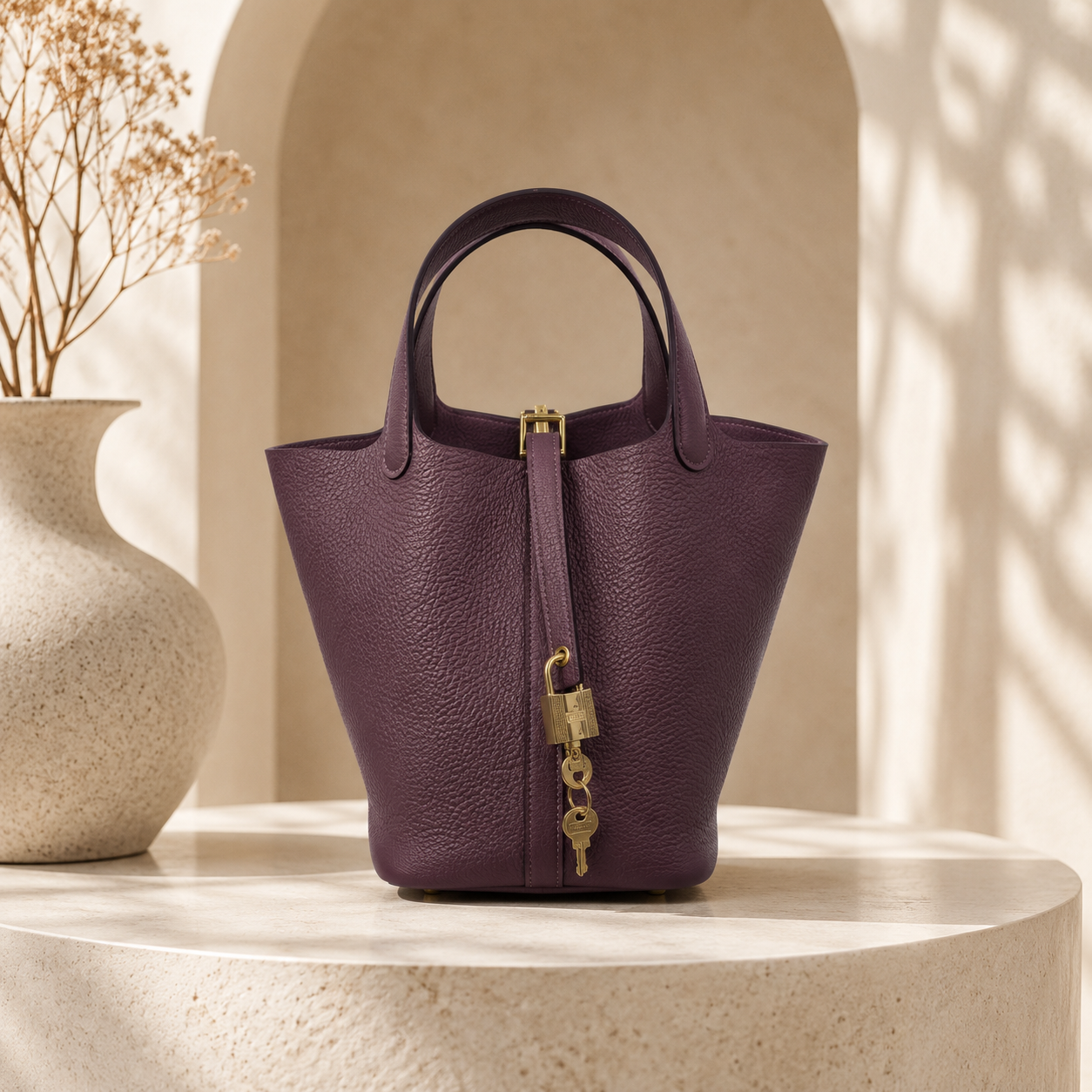 Premium Togo Leather Bucket Tote