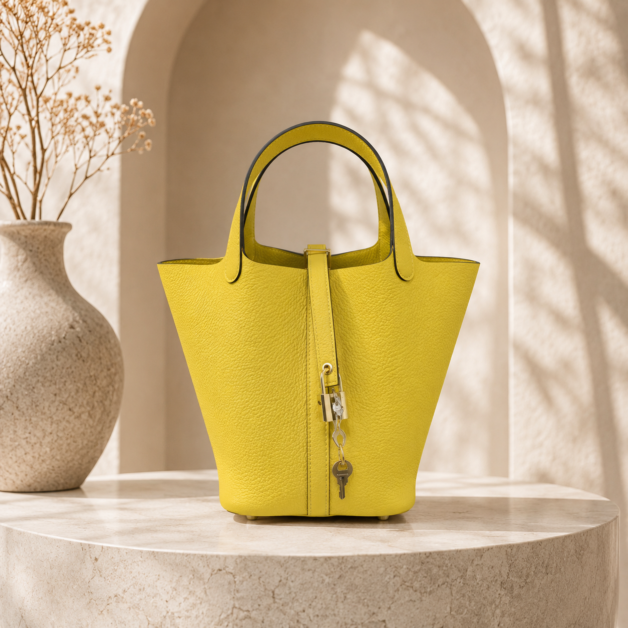 Premium Togo Leather Bucket Tote
