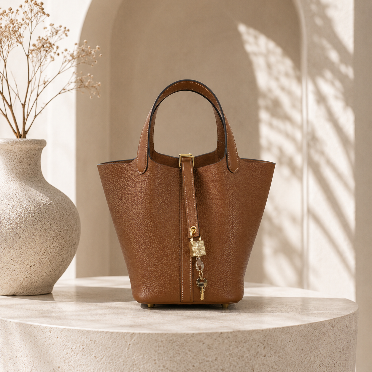 Premium Togo Leather Bucket Tote