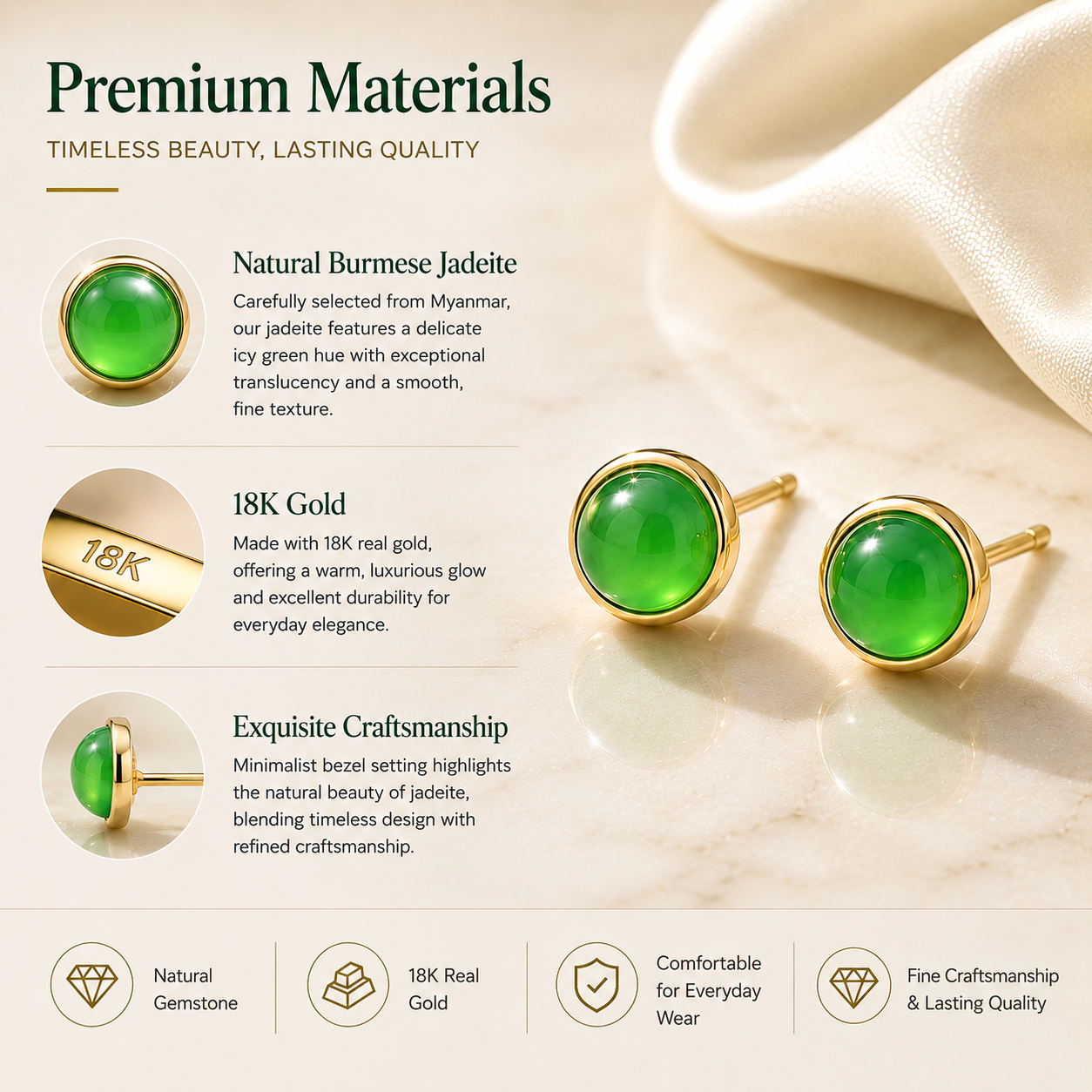 Natural Jadeite 18K Gold Stud Earrings