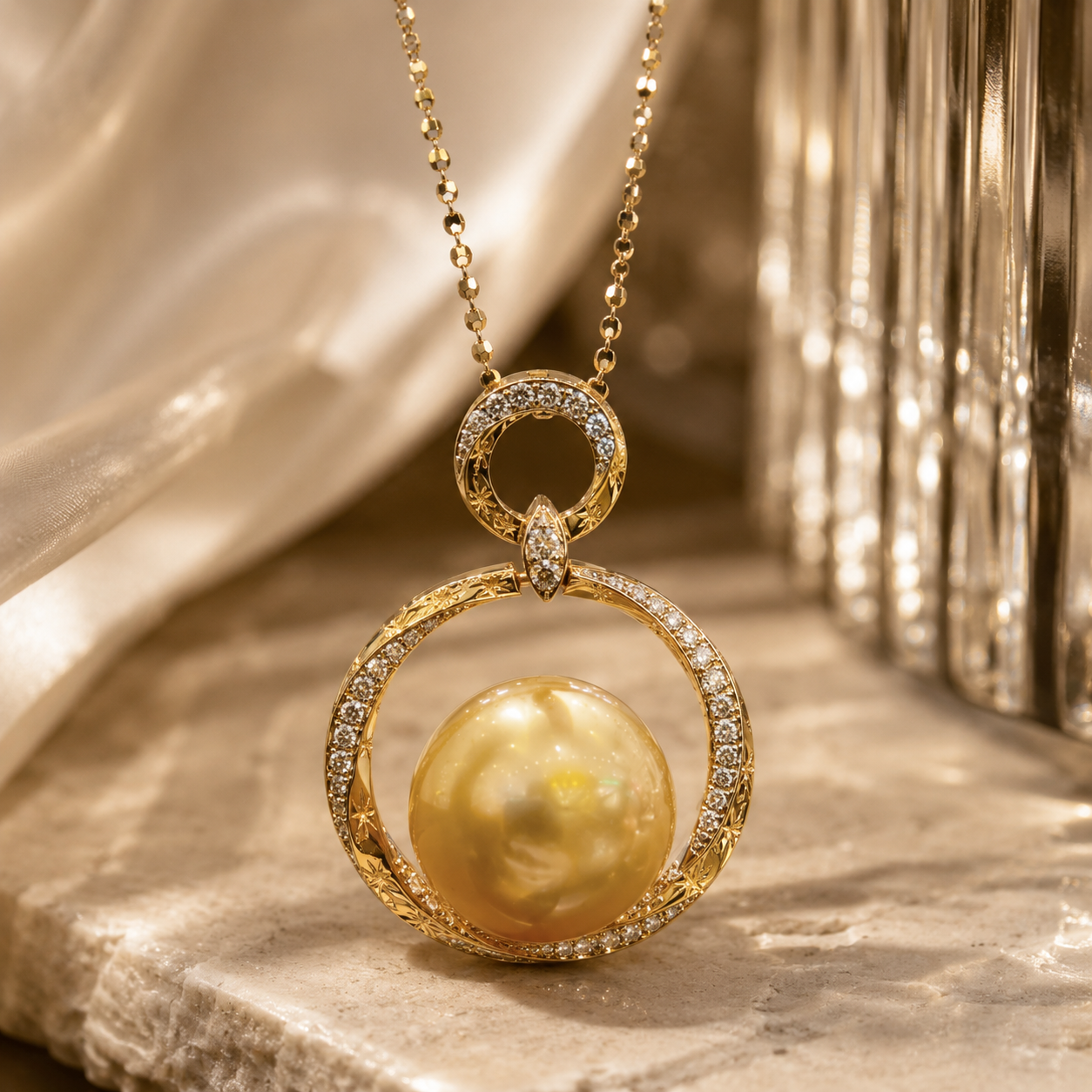 Golden South Sea Pearl Diamond Pendant Necklace