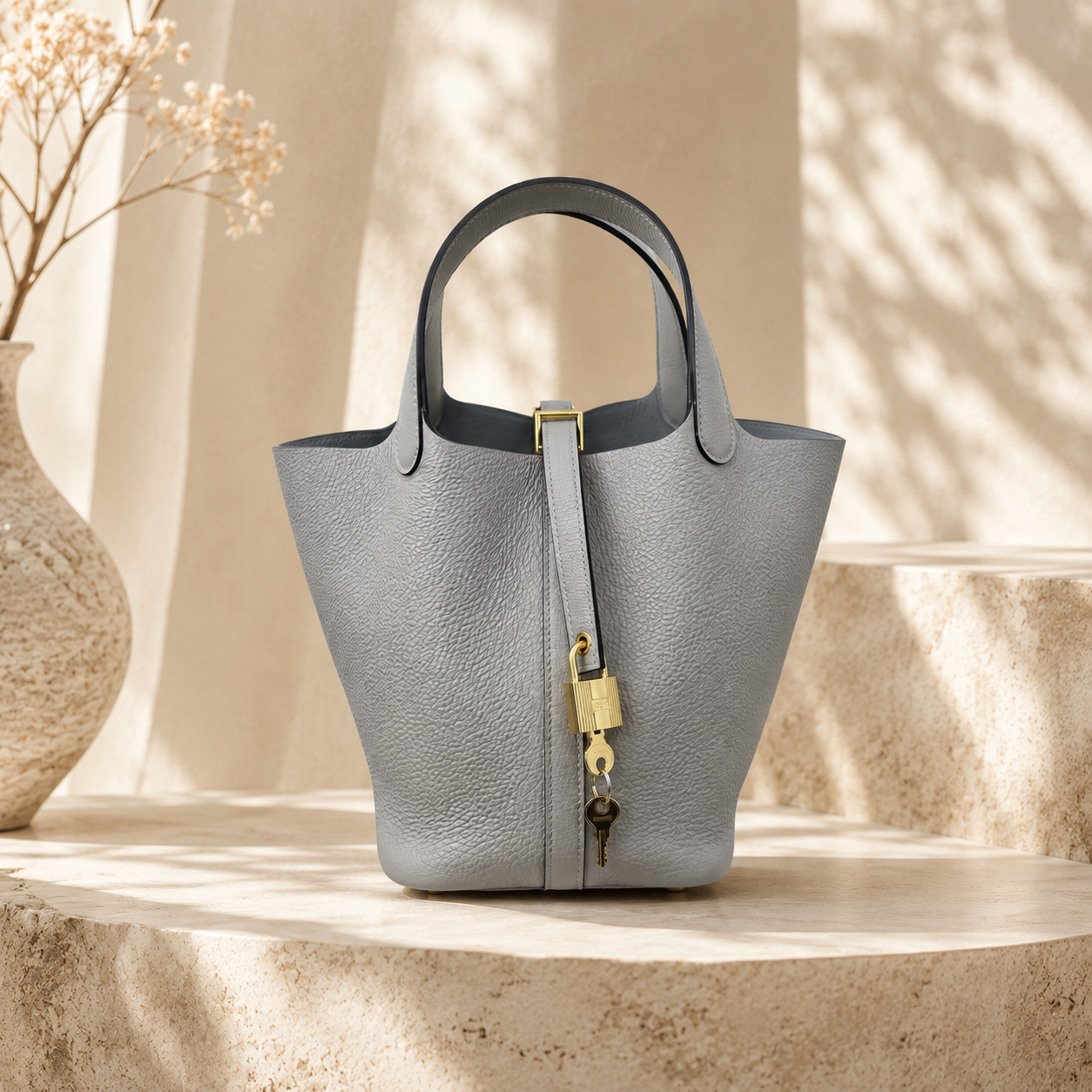 Premium Togo Leather Bucket Tote