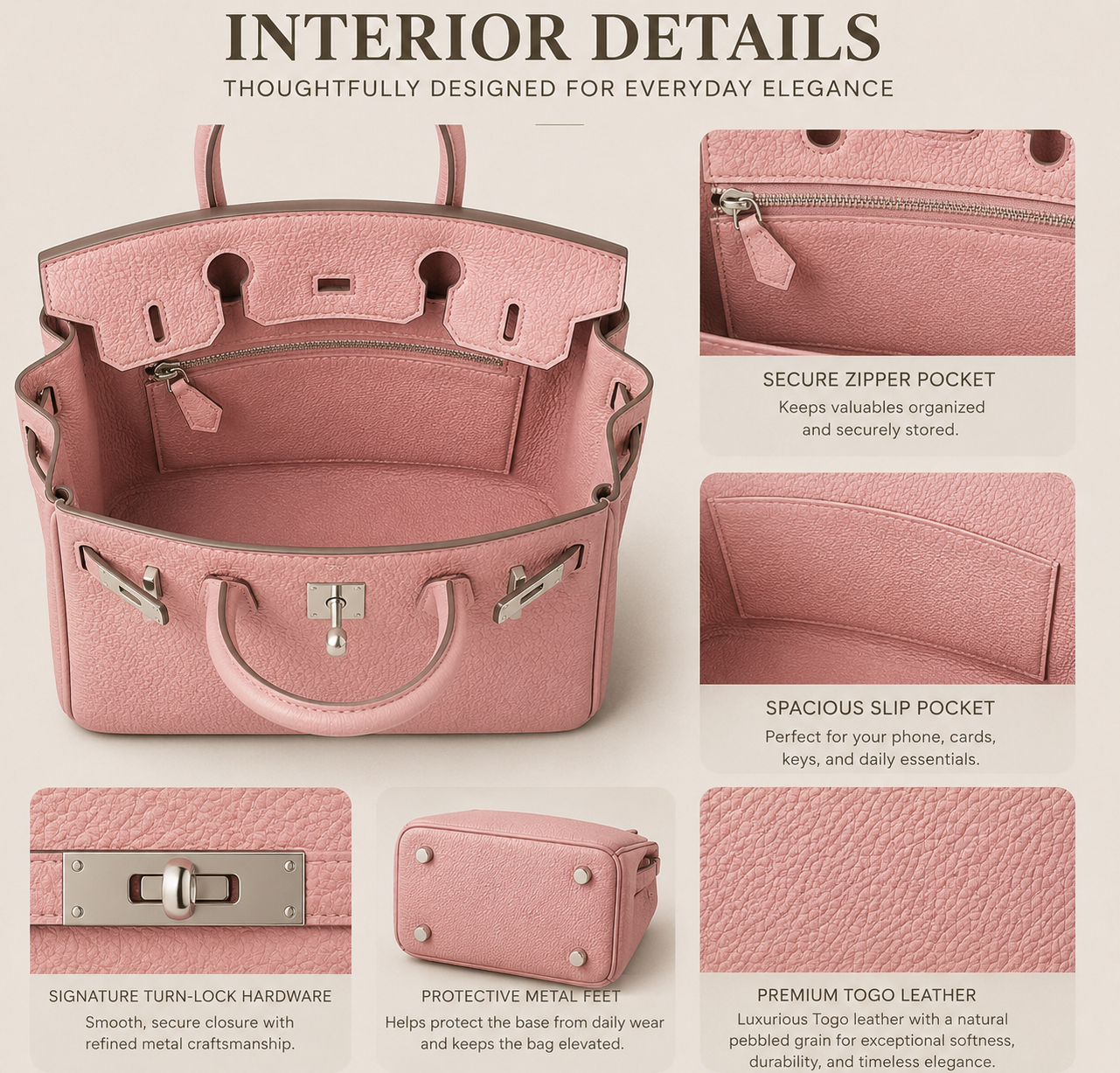 Premium Togo Leather Top Handle Handbag